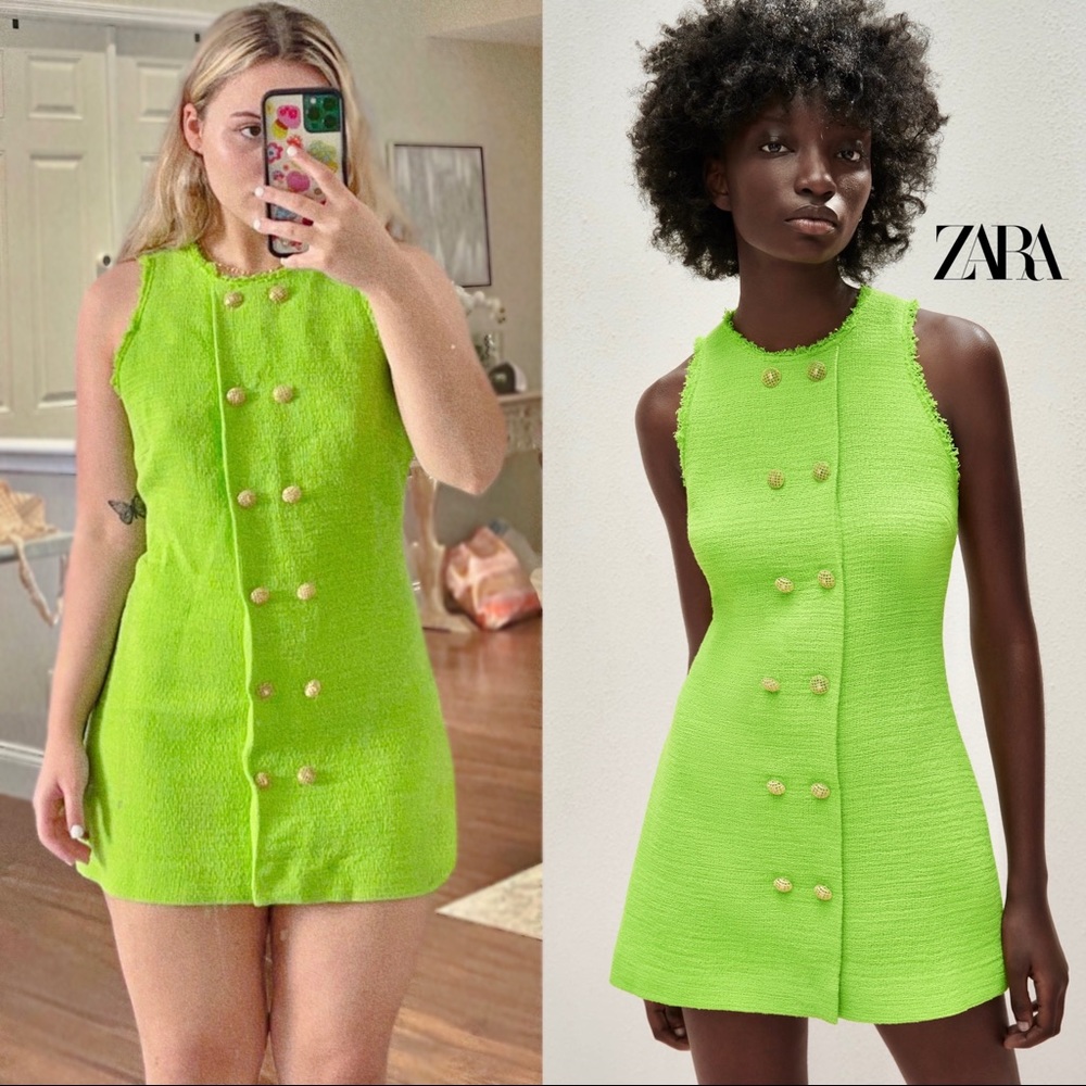 Zara neon green textured weave/tweed mini dress with buttons
